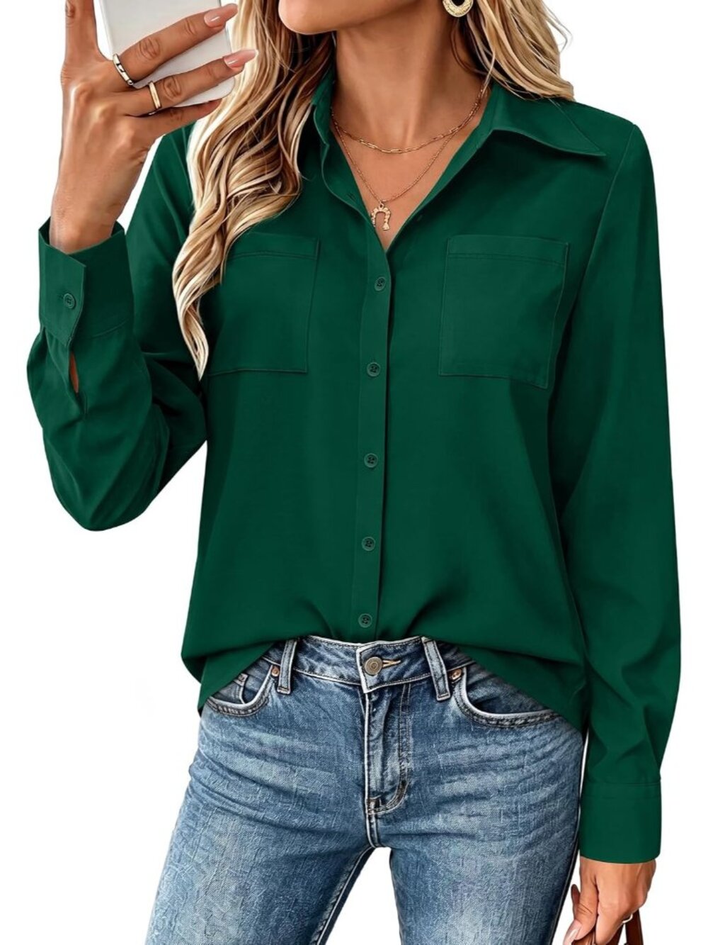 Women's Green Long Sleeve Shirts Button Down Top Pocket Casual Blouses